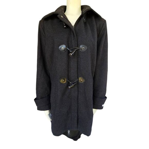 Calvin Klein Women’s 2X Wool Blend Duffle Coat Black Hooded Toggle Front Lined - Picture 1 of 9